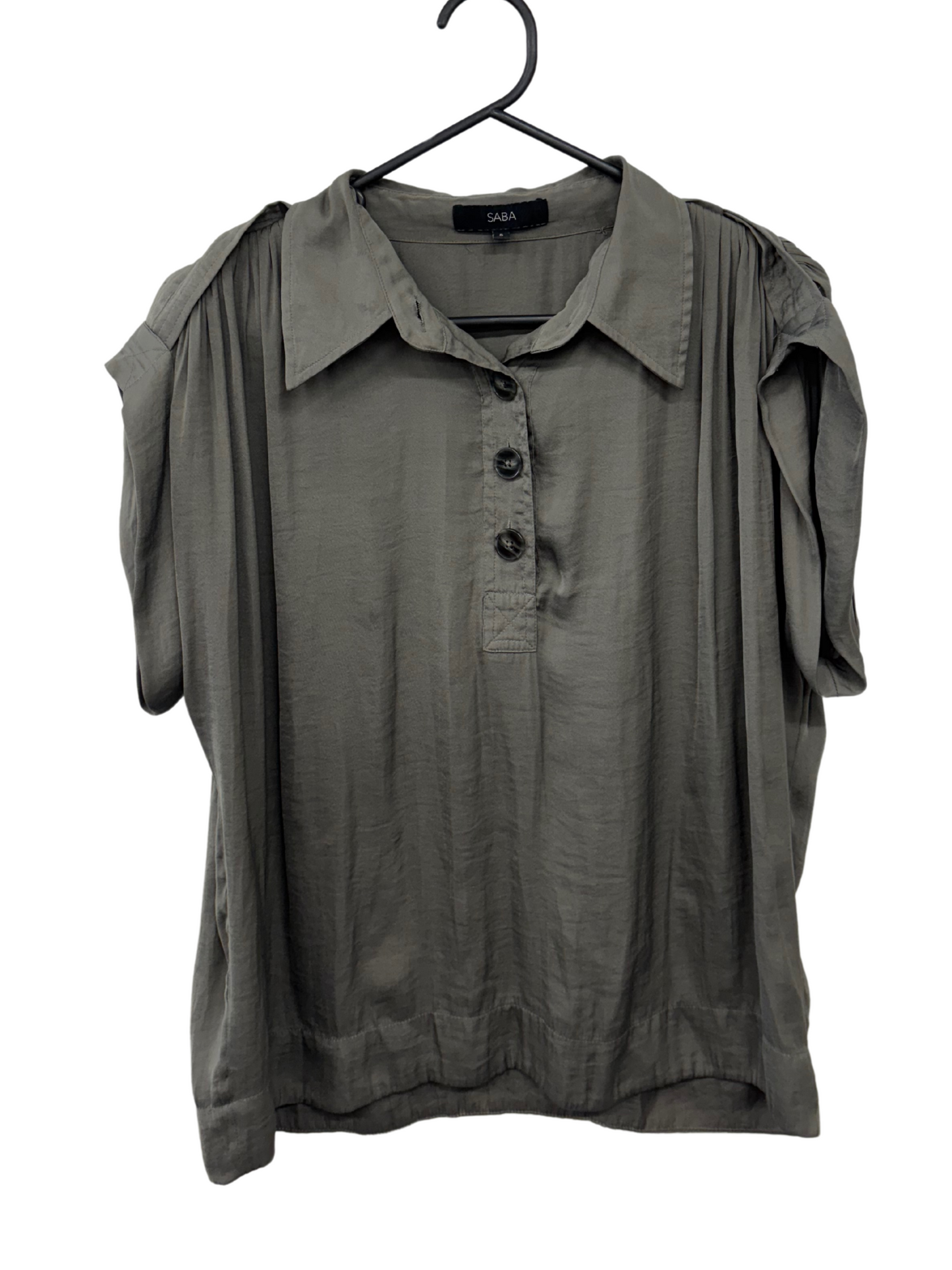 Khaki Green Short Rolled Sleeve Quarter Button Top
