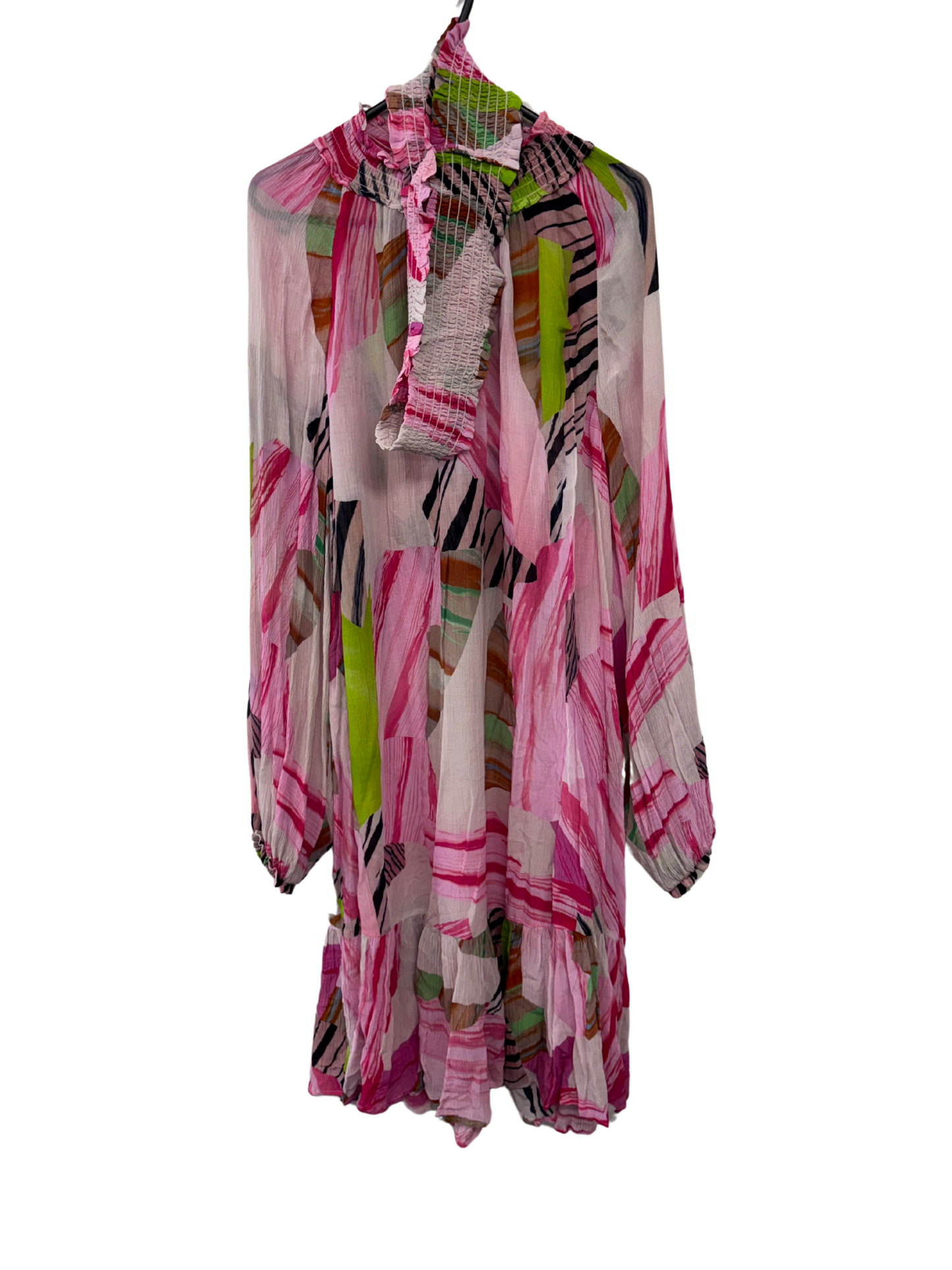 Pink & Multicolour Abstract Pattern Long Sleeve Semi-Sheer Dress with Belt