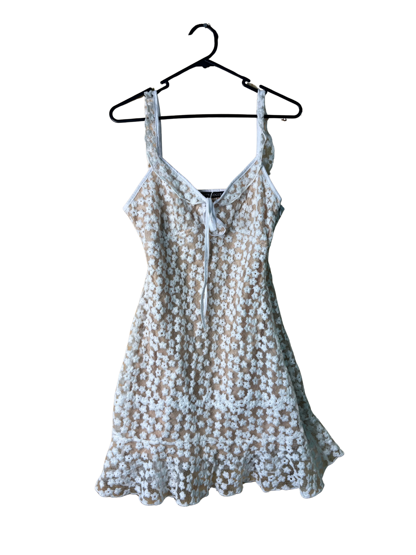 White Sheer Floral Embroidered Dress with Nude Lining