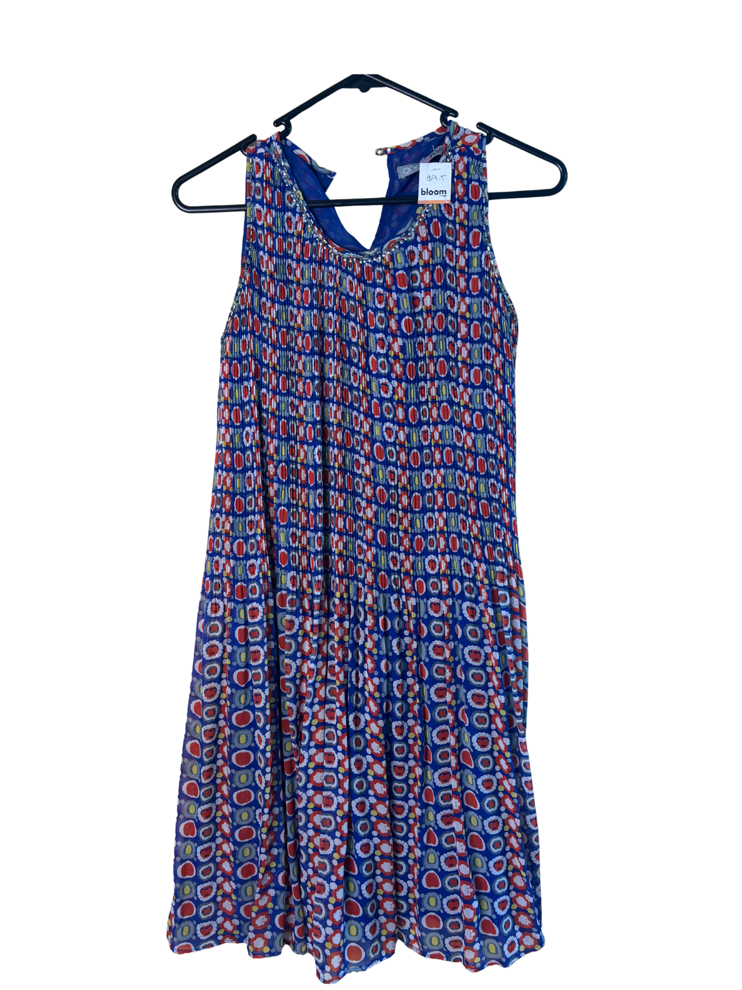 00s Blue & Multicolour Sleeveless Pleated Mini Dress