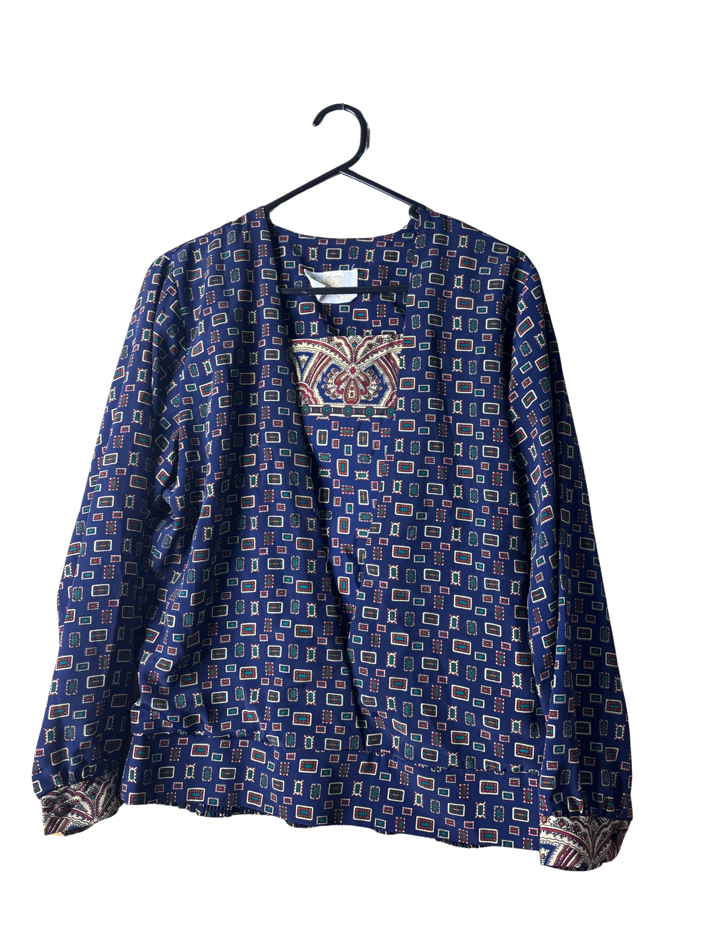 Vintage Blue & Cream Pattern Long Sleeve Top with Elastic Waist