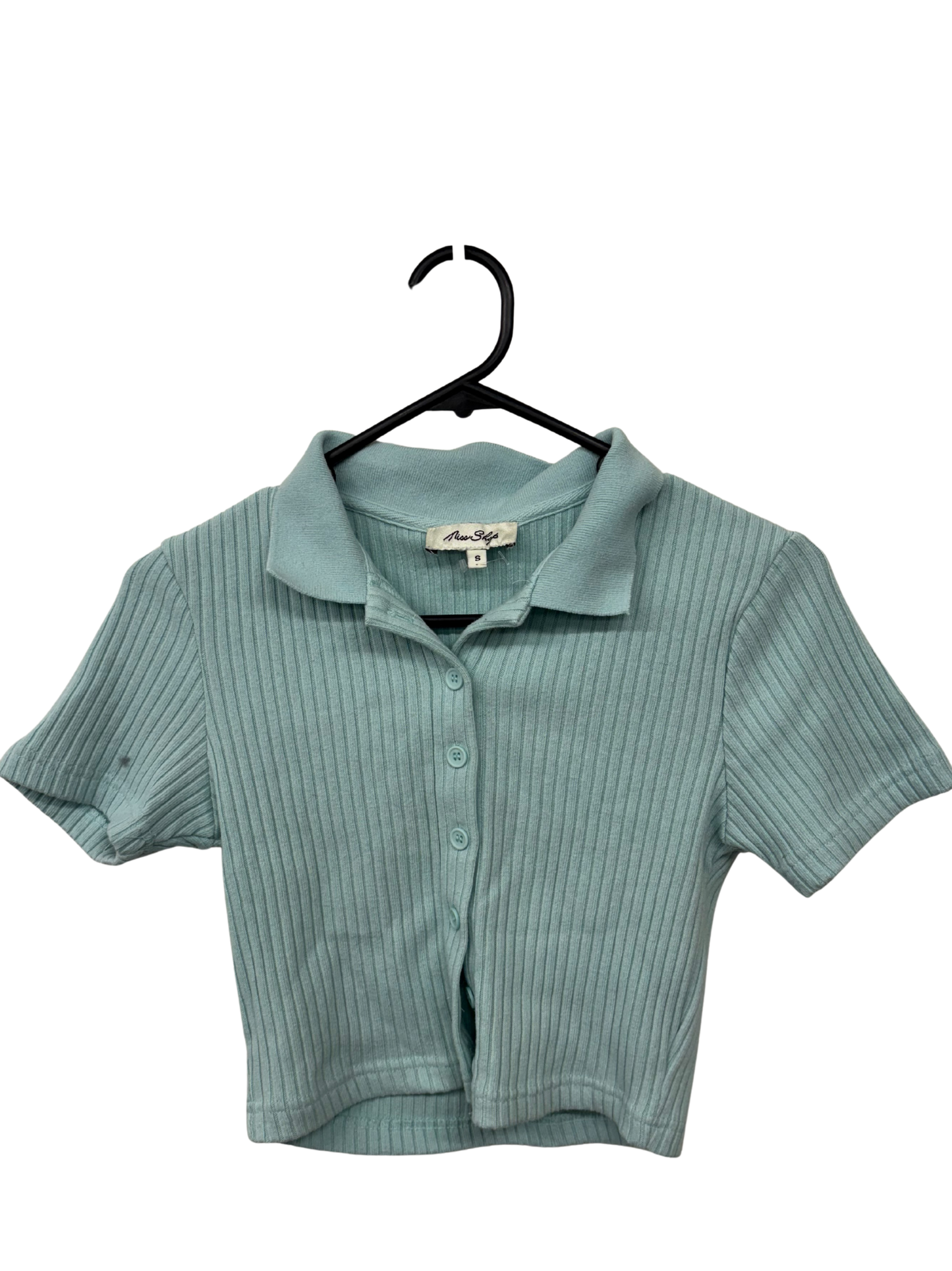 Light Blue Short Sleeve Rib Knit Button Up Crop Top