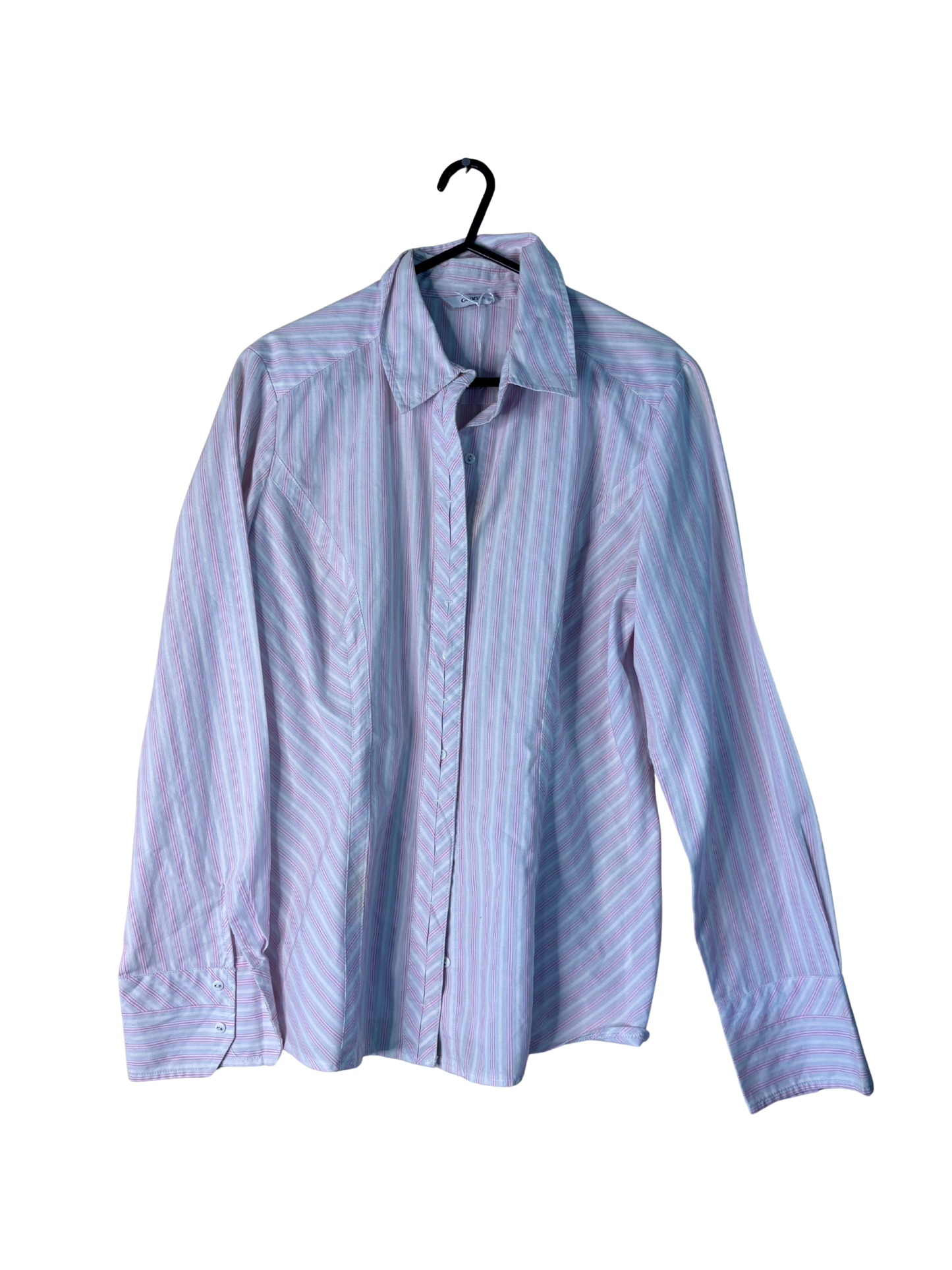 White, Pink Striped Fitted Long Sleeve Button Up Top