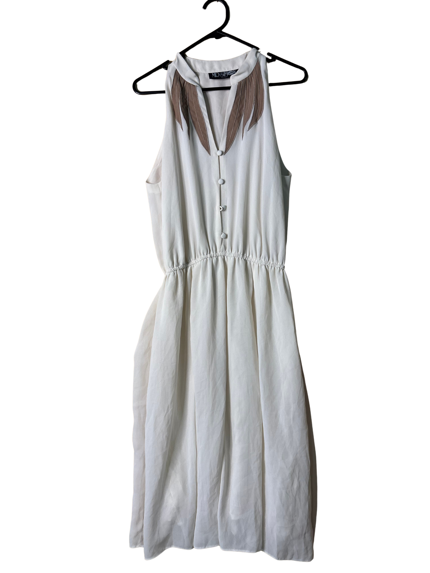 Vintage Cream & Brown Sleeveless Midi Dress