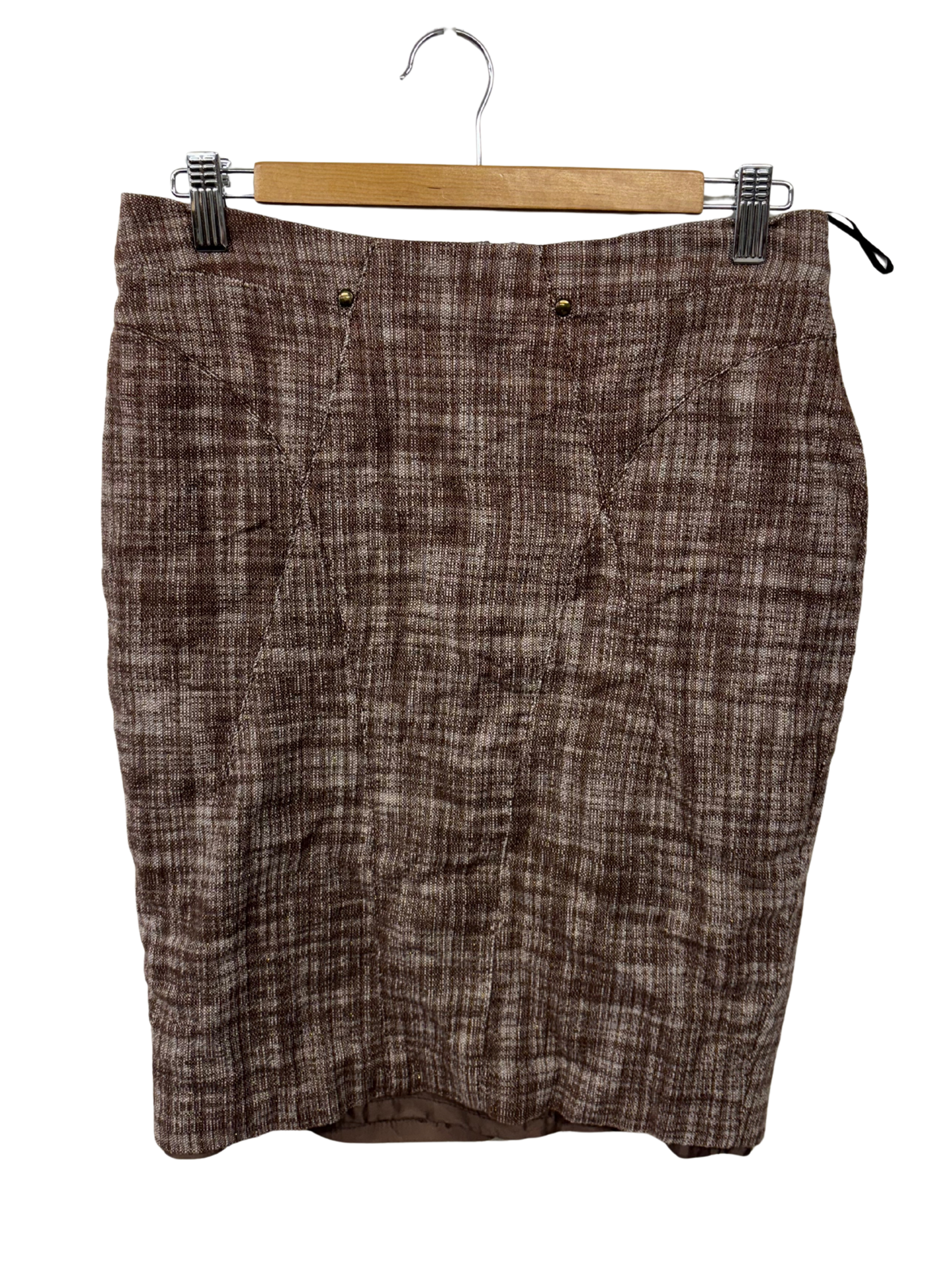 00s Brown & White Fitted Knee Length Pencil Skirt