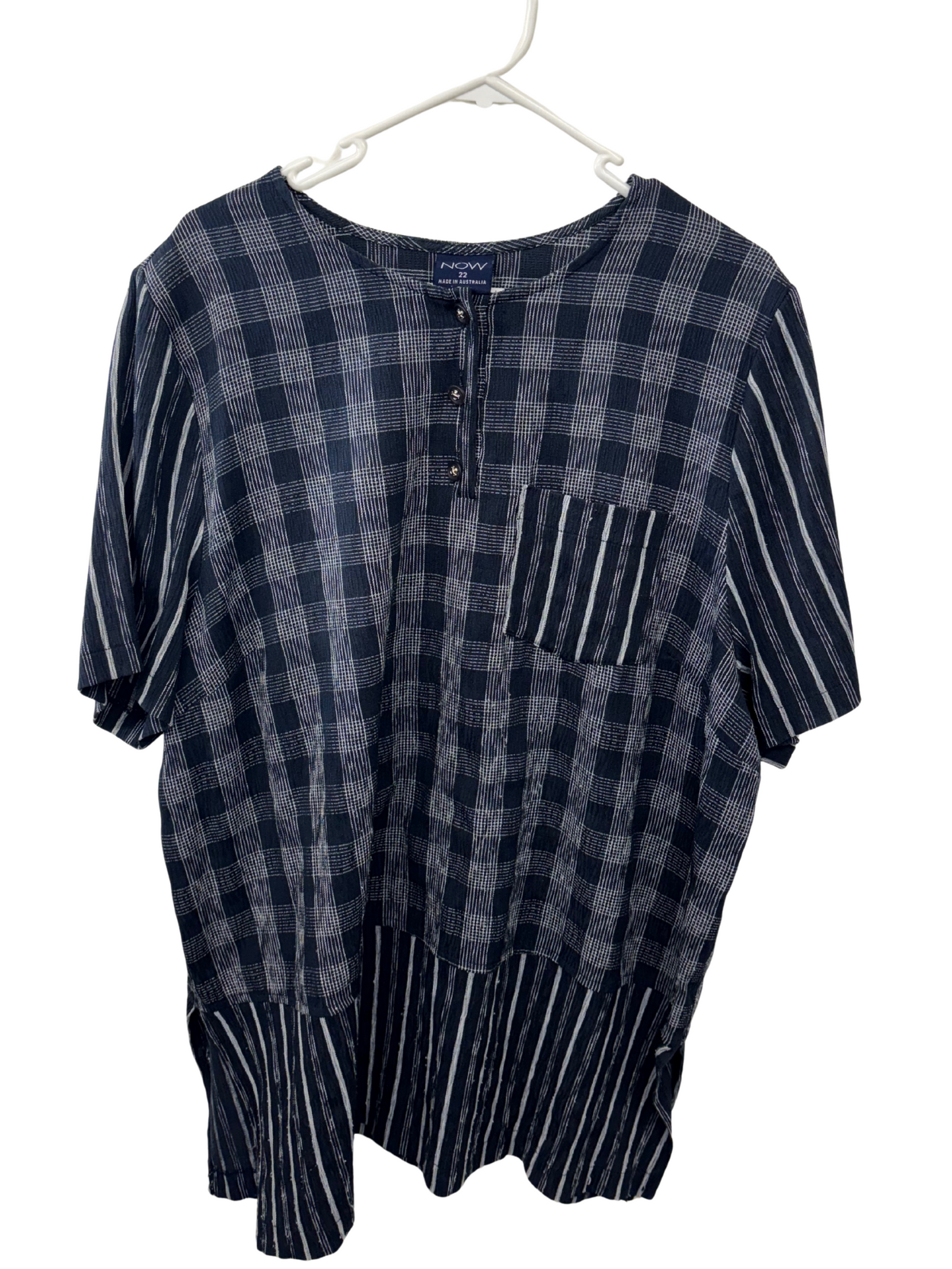 Vintage Dark Blue White Check & Stripe Short Sleeve Top