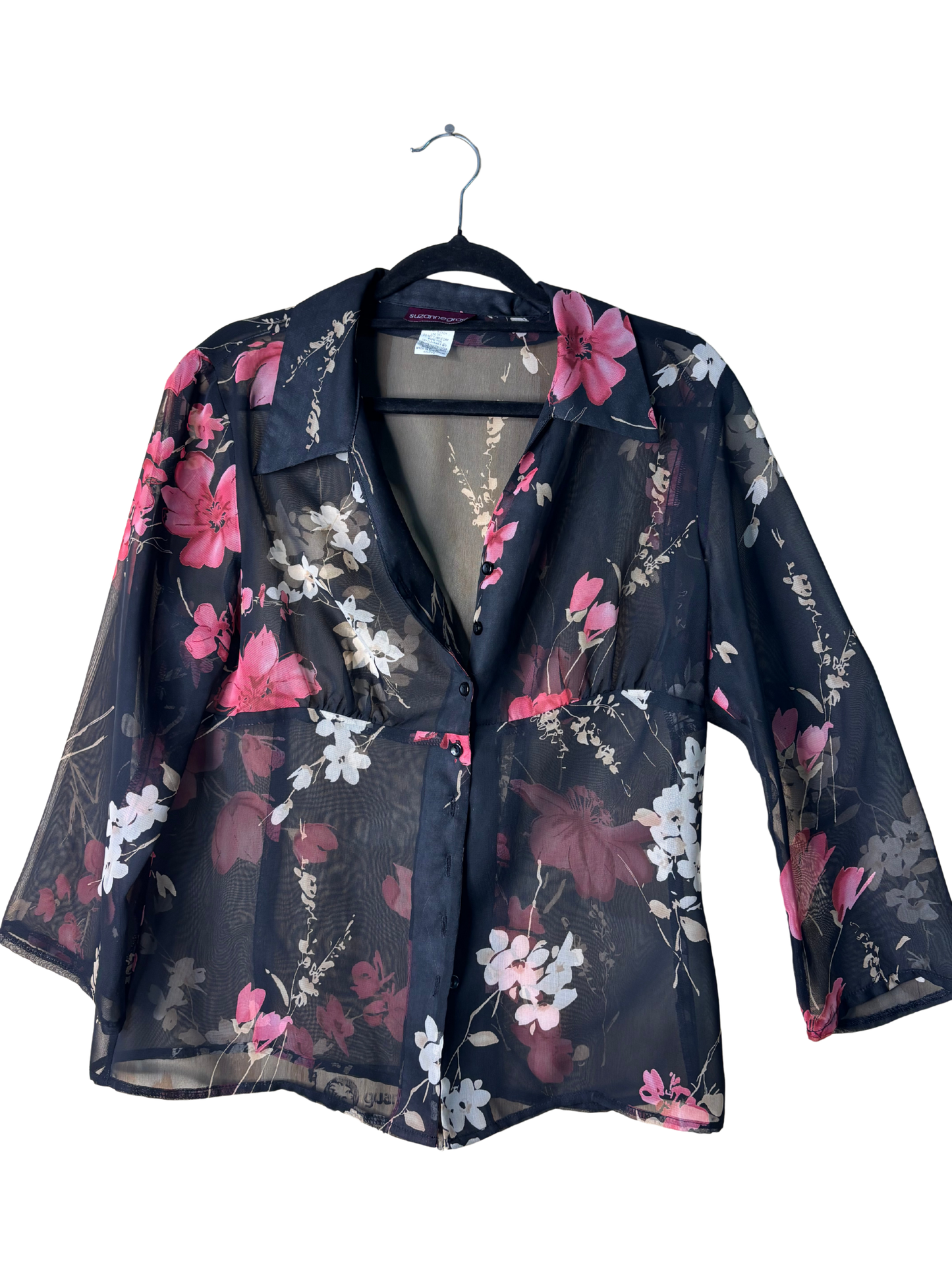Vintage Black & Pink Floral Print Sheer Button Up Fitted Top