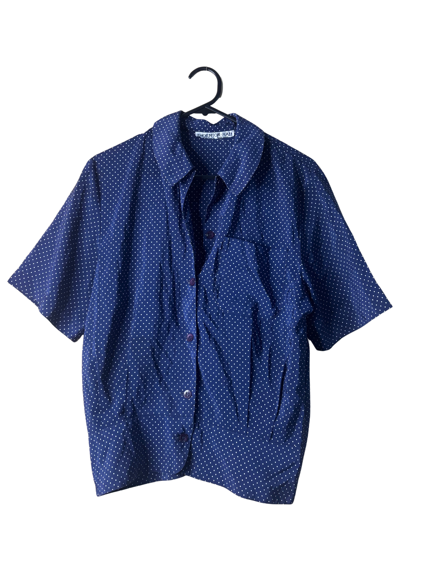Vintage Dark Blue & White Dot Short Sleeve Button Up Shirt