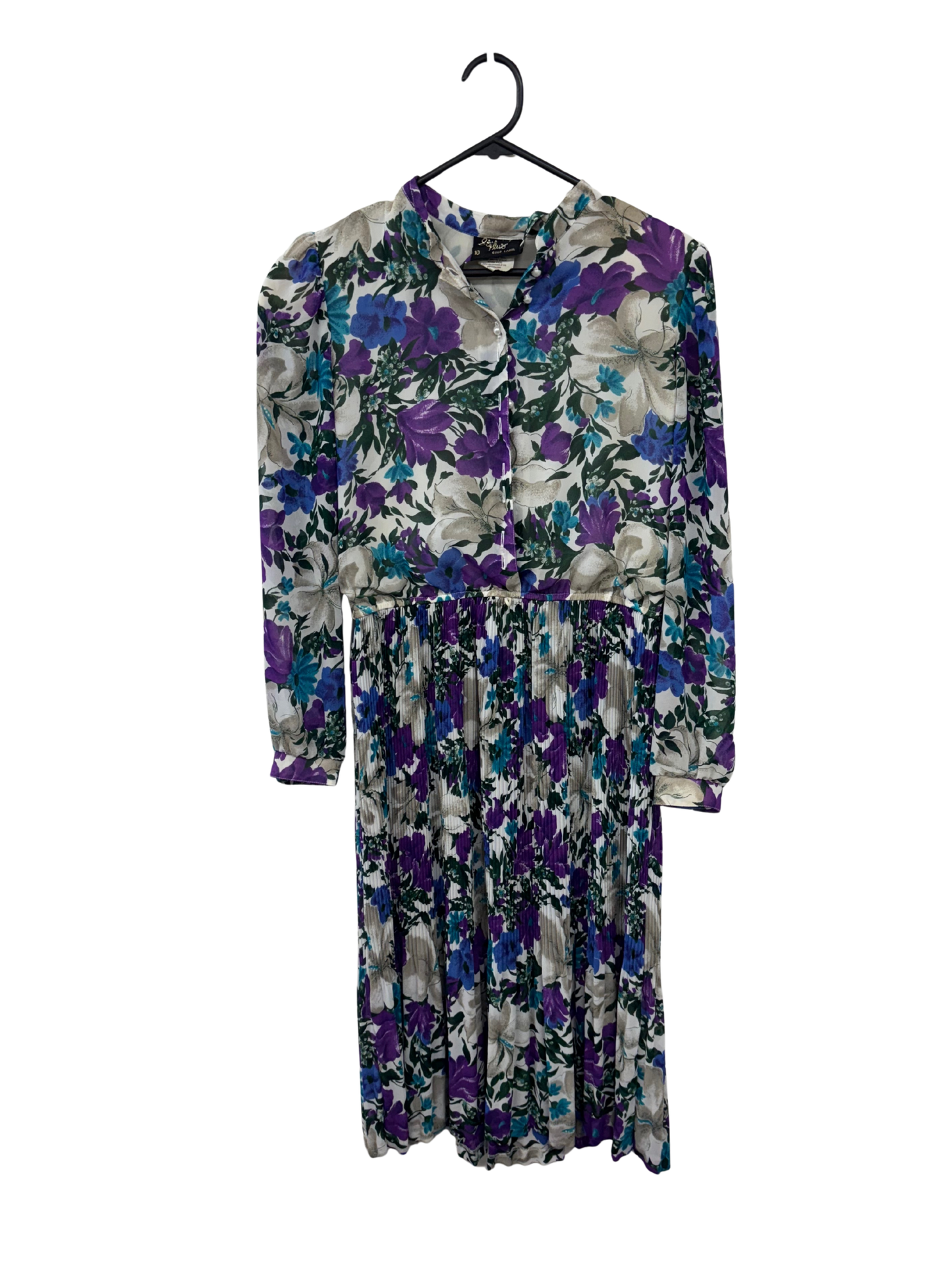 Vintage White, Purple, Blue Floral Print Long Sleeve MidiPleated Dress