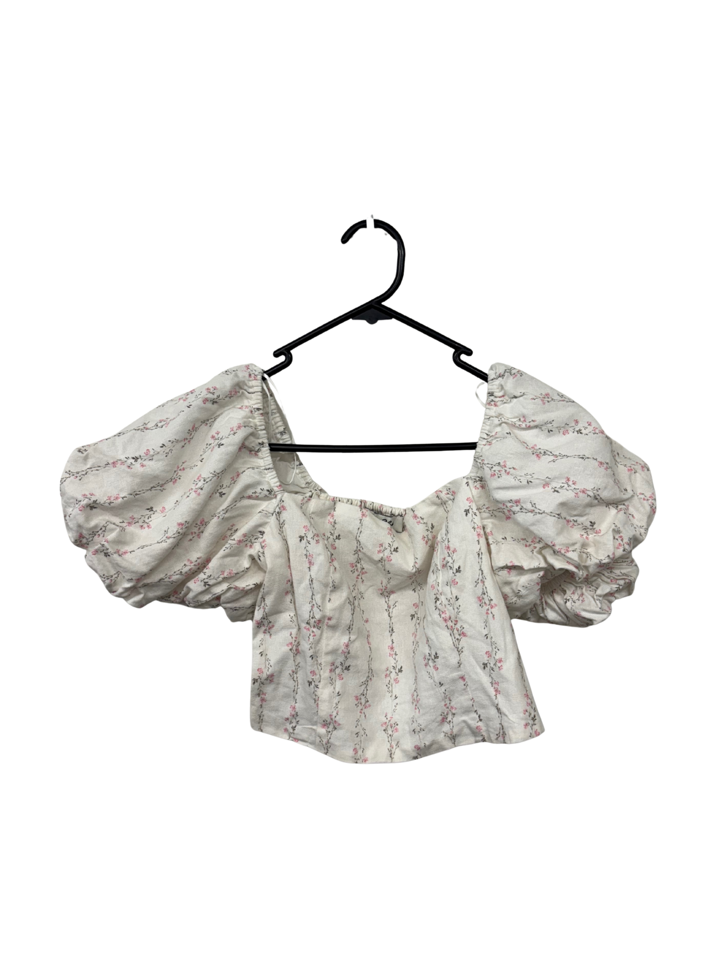White & Pink Floral Puffy Sleeve Crop Top