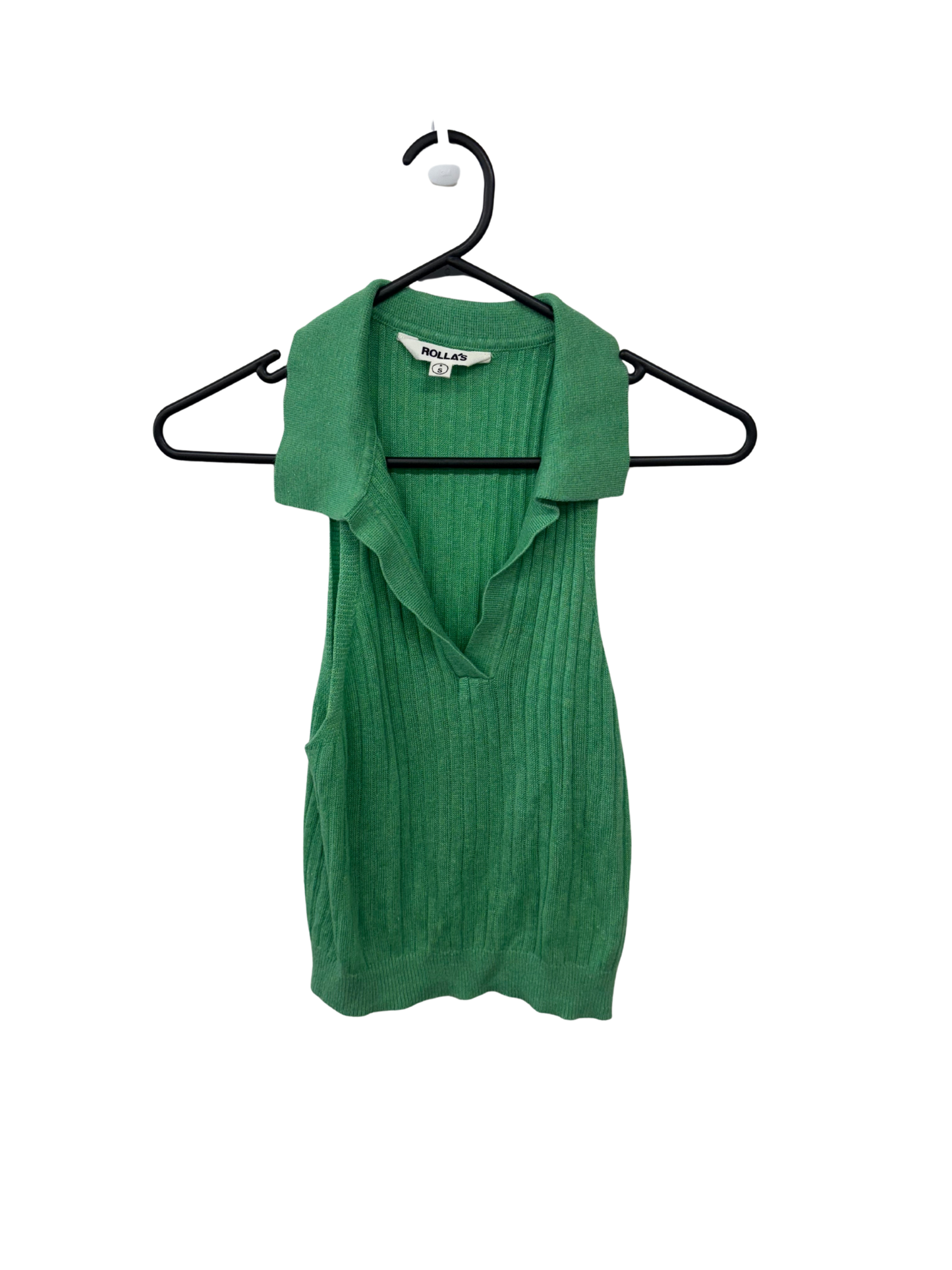 Green Rib Knit Sleeveless Collared Crop Top