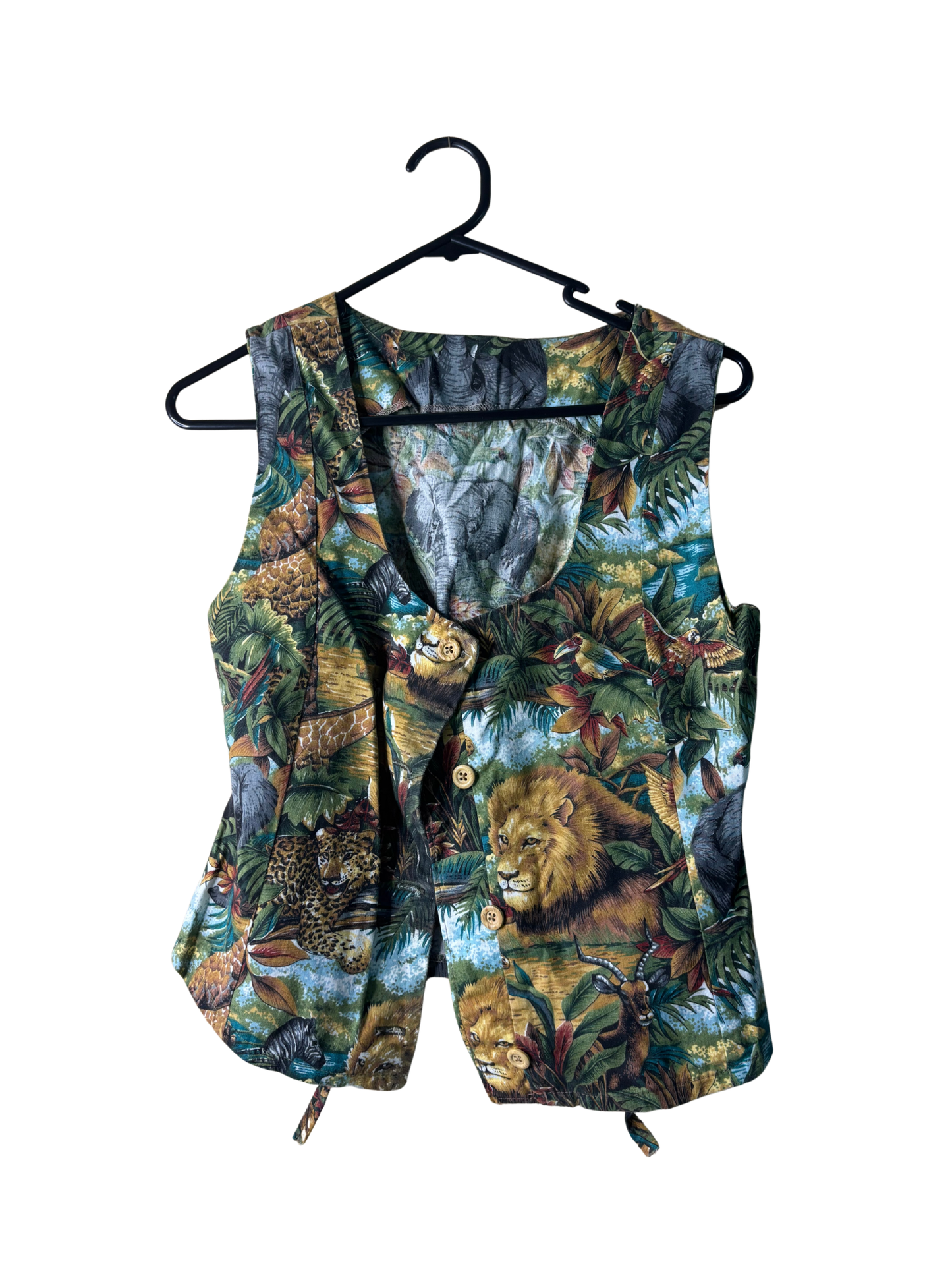 Vintage Green & Brown Jungle Print Button Up Sleeveless Top