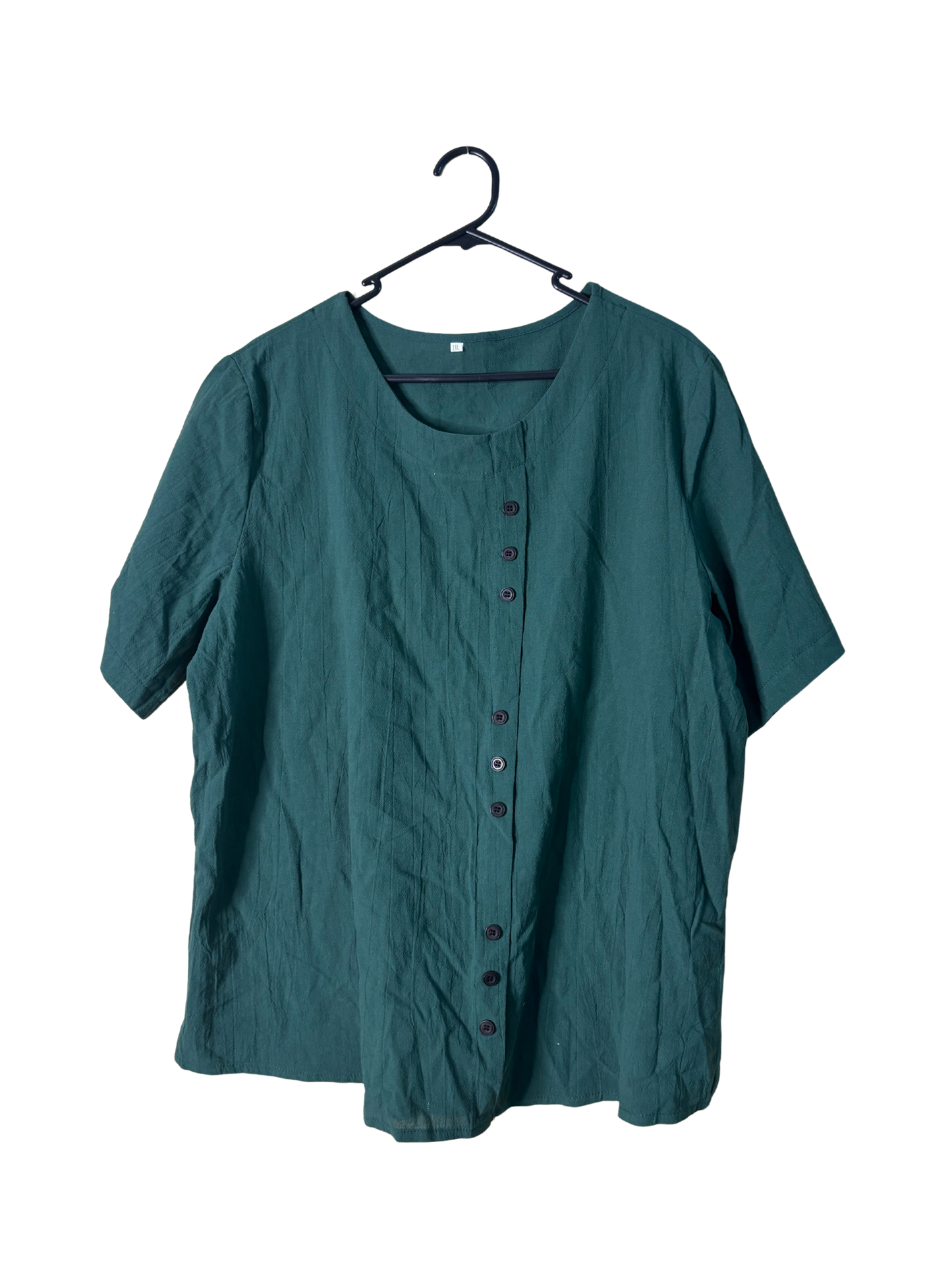 Dark Green Asymmetrical Short Sleeve Top with Buttons