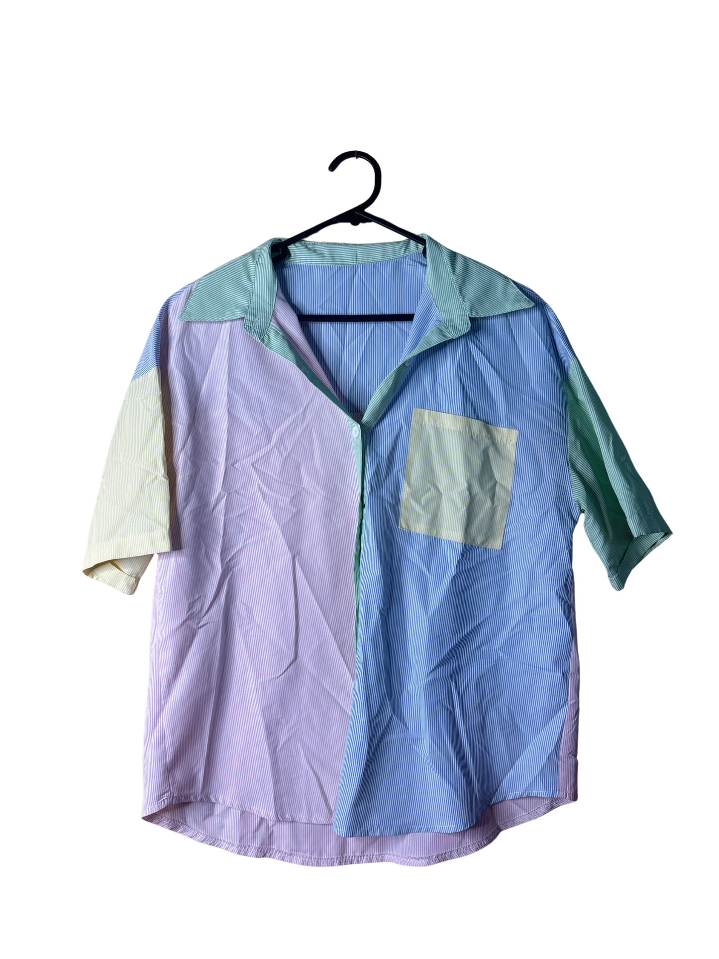 Blue, Green, Pink, Yellow Stripe Short Sleeve Button Up Shirt