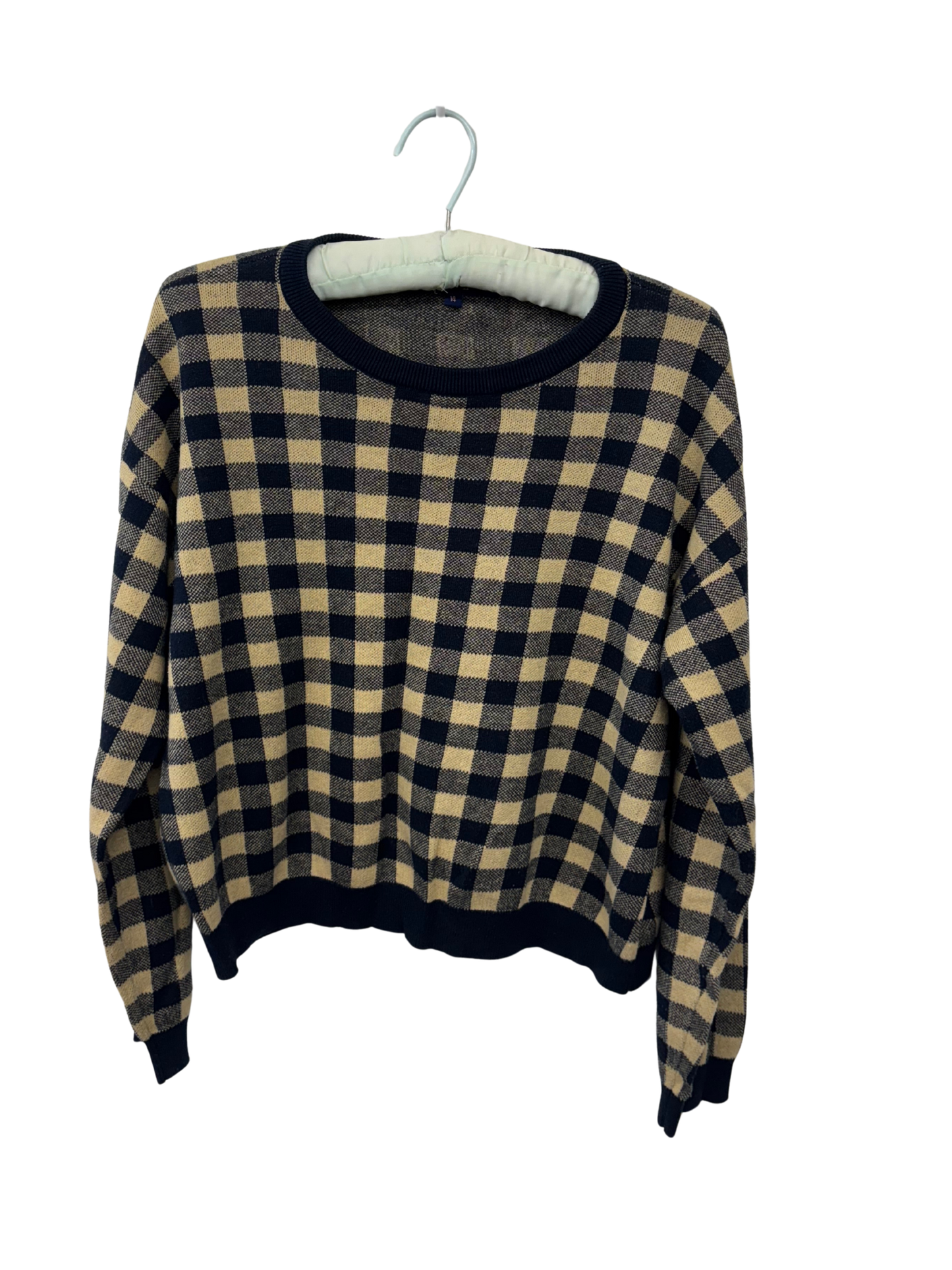 Dark Blue & Cream Check Long Sleeve Knit Jumper