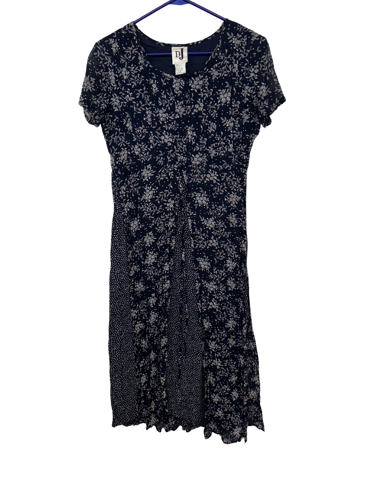 Vintage Dark Blue & Cream Floral Print Short Sleeve Long Dress