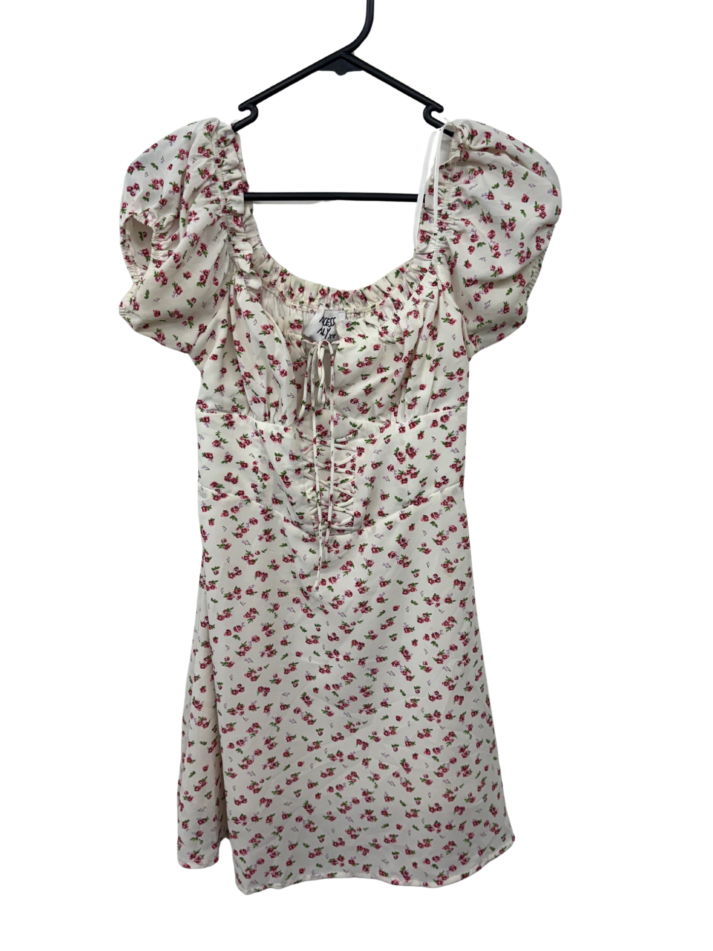 White, Pink, Purple Floral Puffy Short Sleeve Dress