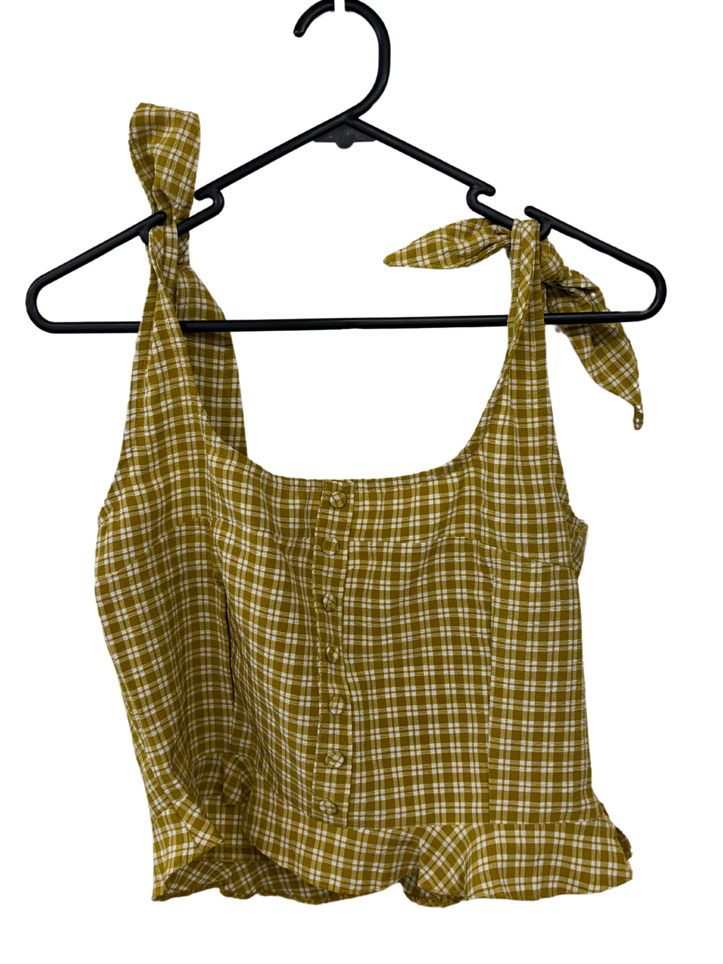 Yellow & White Check Tie Strap Crop Top with Ruffle