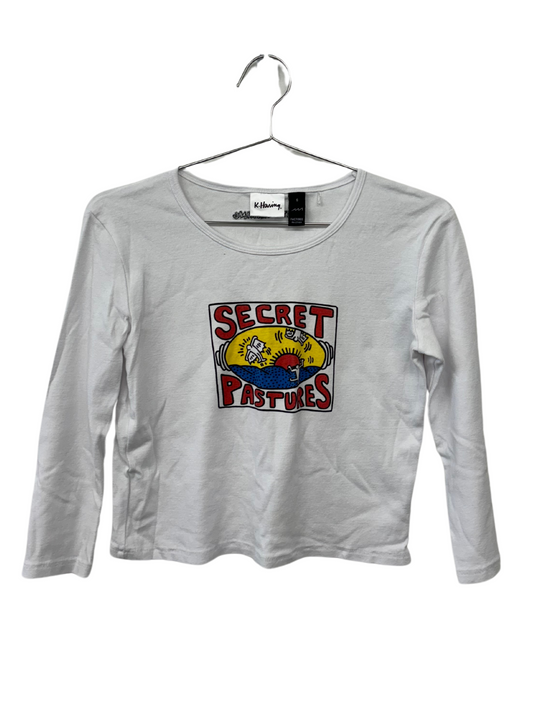 White Half Sleeve Crop Top with 'Secret Pastures' Print