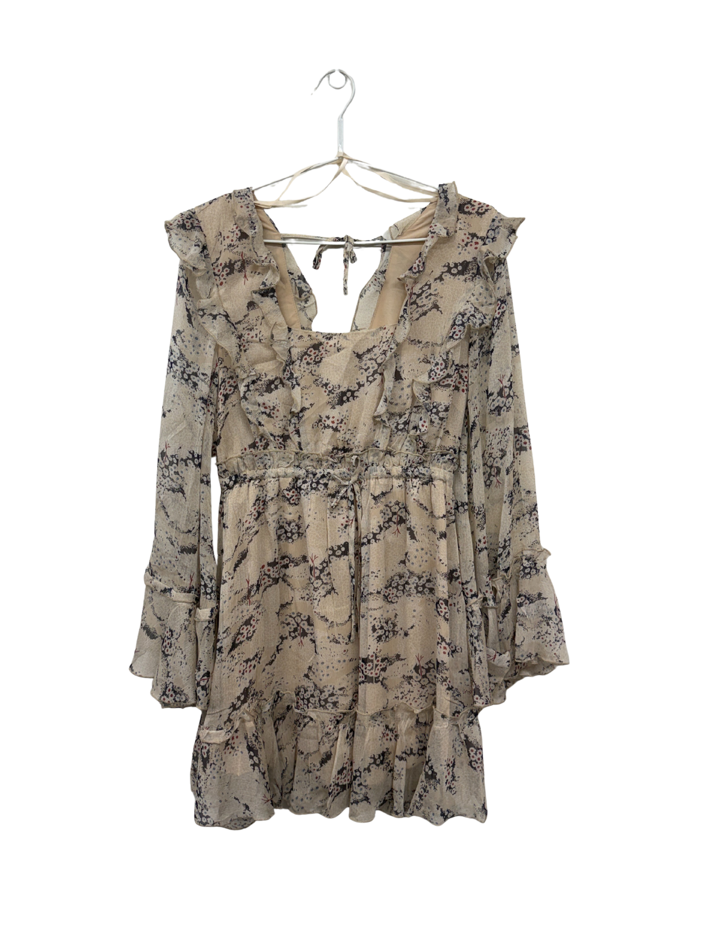 Beige & Navy Floral Tiered Ruffle Long Sleeve Mini Dress