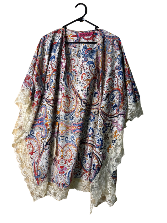 Cream, Red, Blue Paisley Lace Duster Jacket