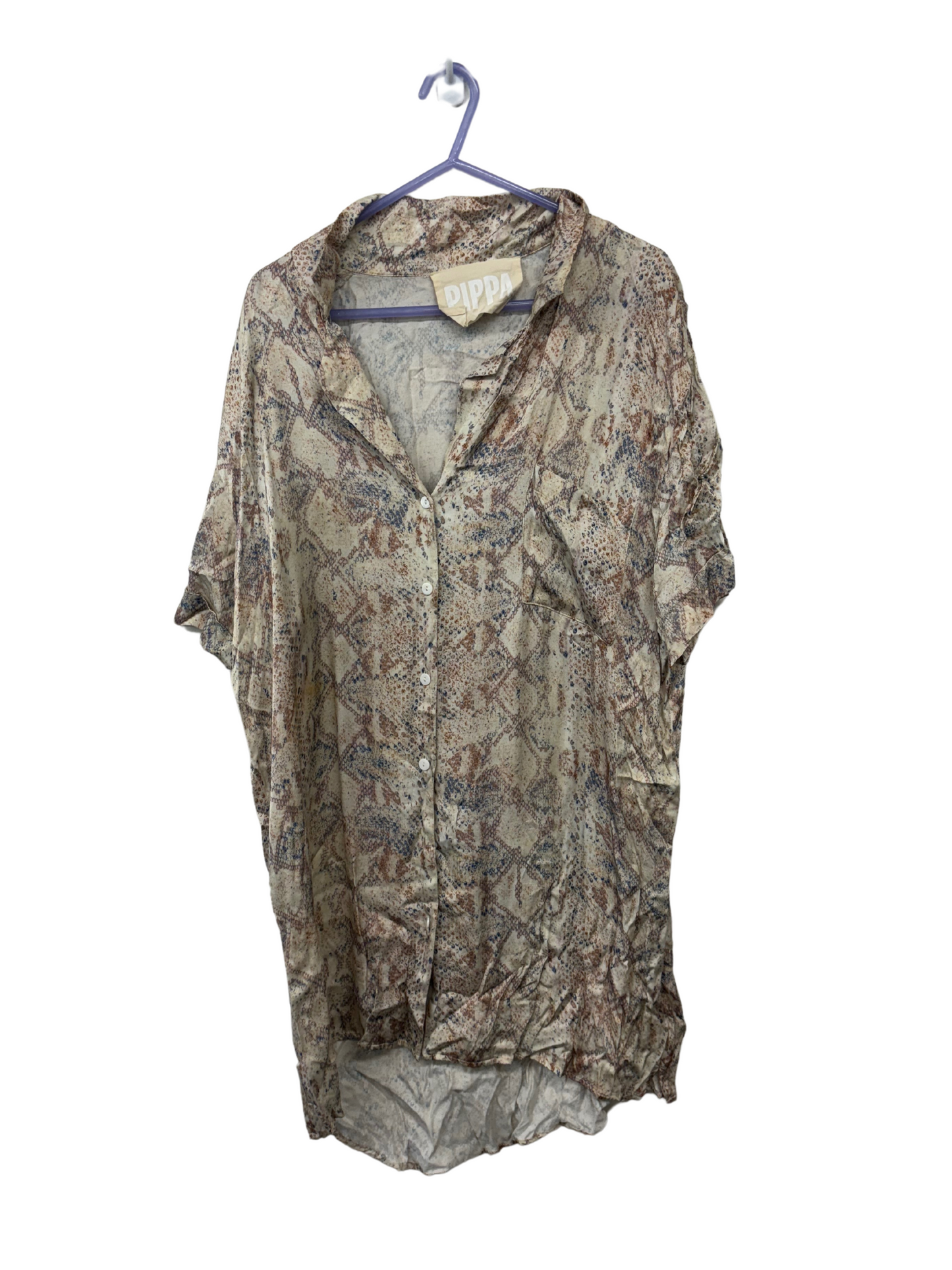 Cream, Brown & Blue Snakeskin Print Short Sleeve Button Up Long Shirt/Dress