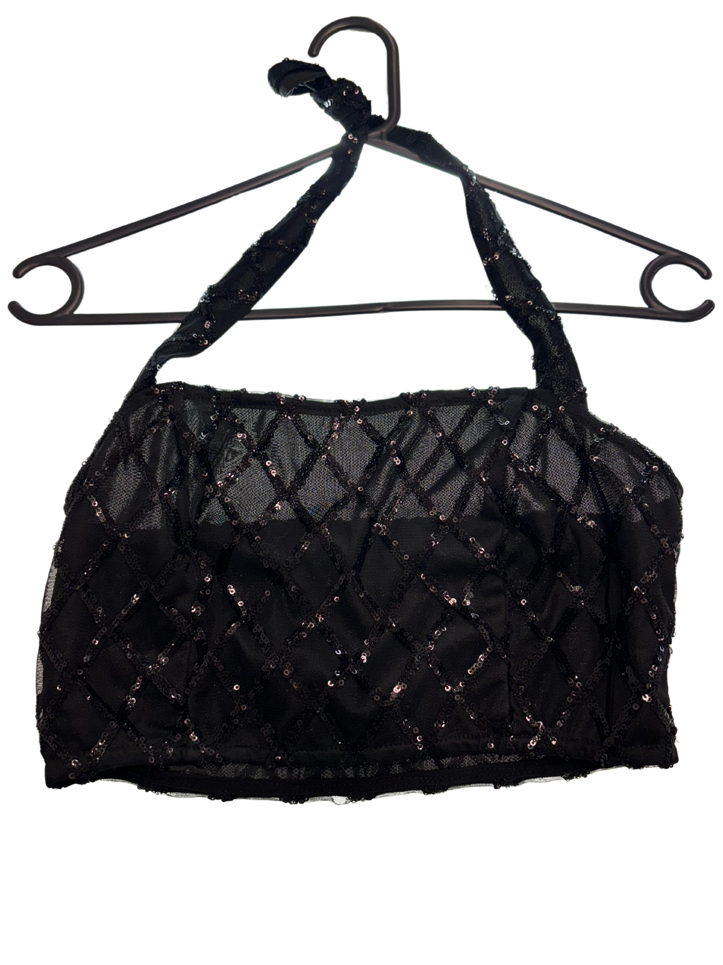 Black Mesh Sequin Check Halter Crop Top