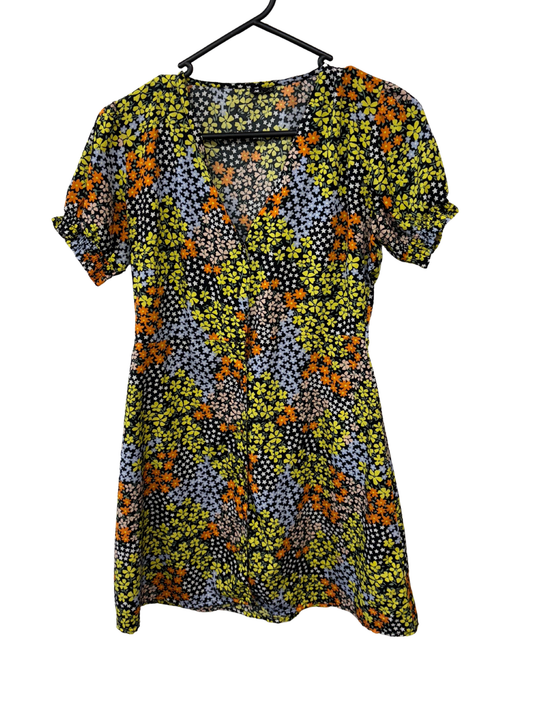 Black, White, Yellow Floral Print Shot Sleeve Button Up Dress