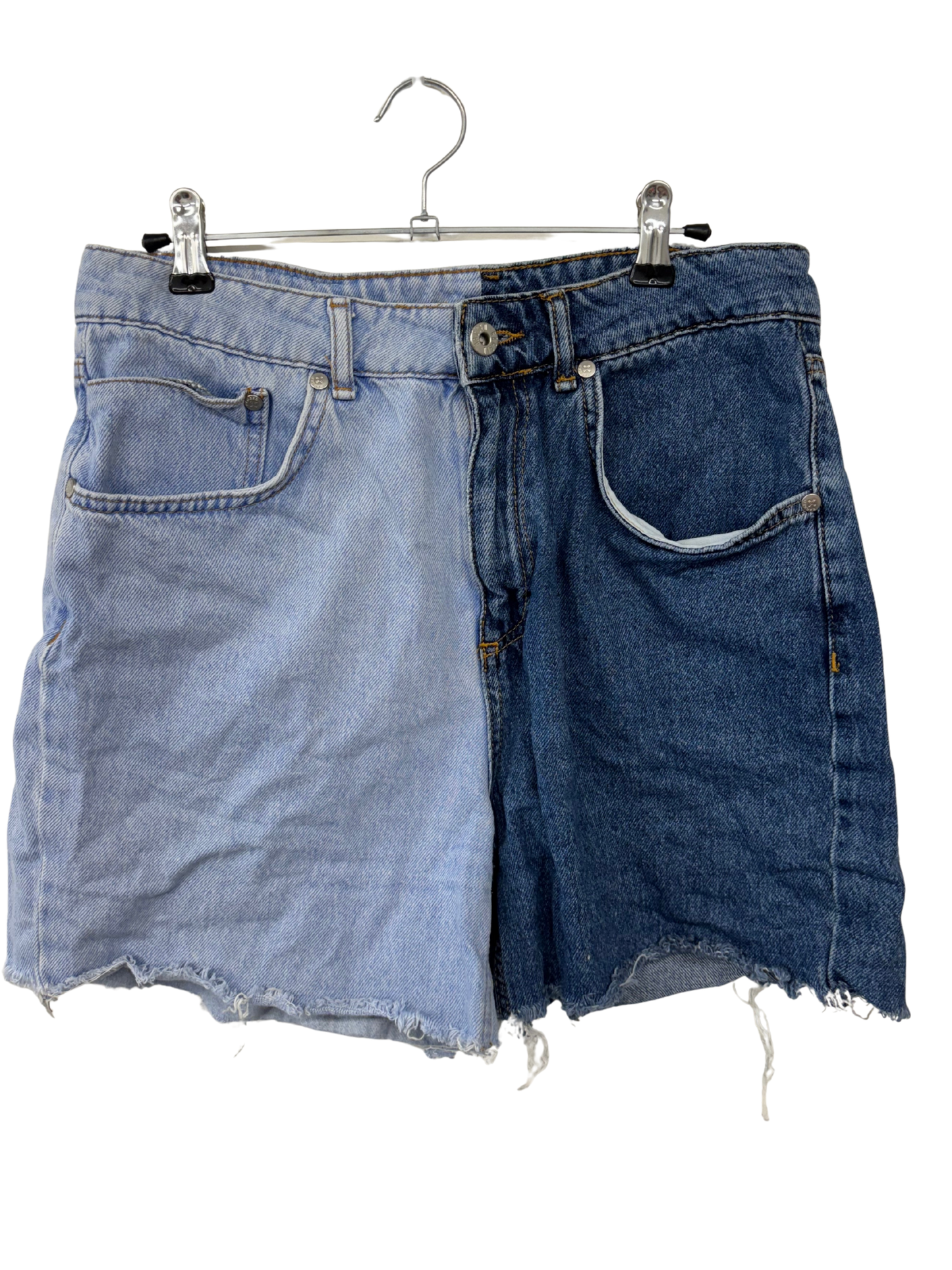 Light & Dark Blue Denim Raw Hem Highwaisted Denim Shorts