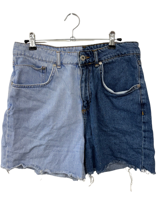 Light & Dark Blue Denim Raw Hem Highwaisted Denim Shorts