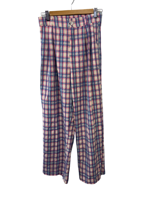 Cream, Blue & Pink Check Highwaisted Straight Leg Pants