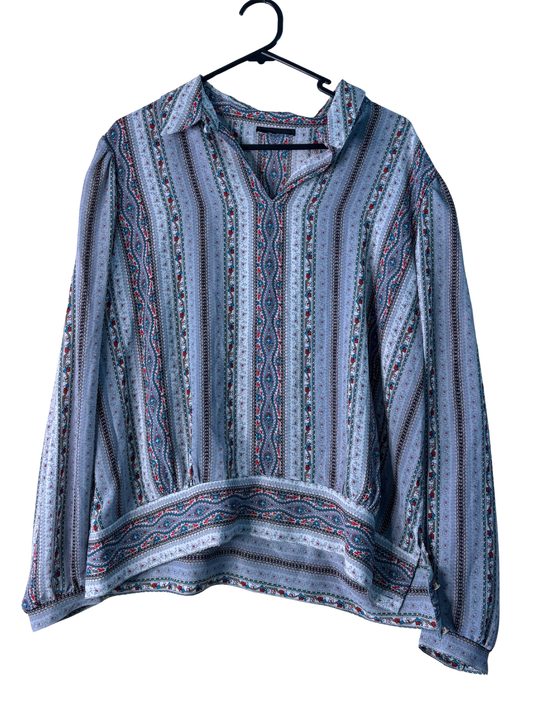 Vintage Grey, Black, White, Red Semi-Sheer Long Sleeve Top