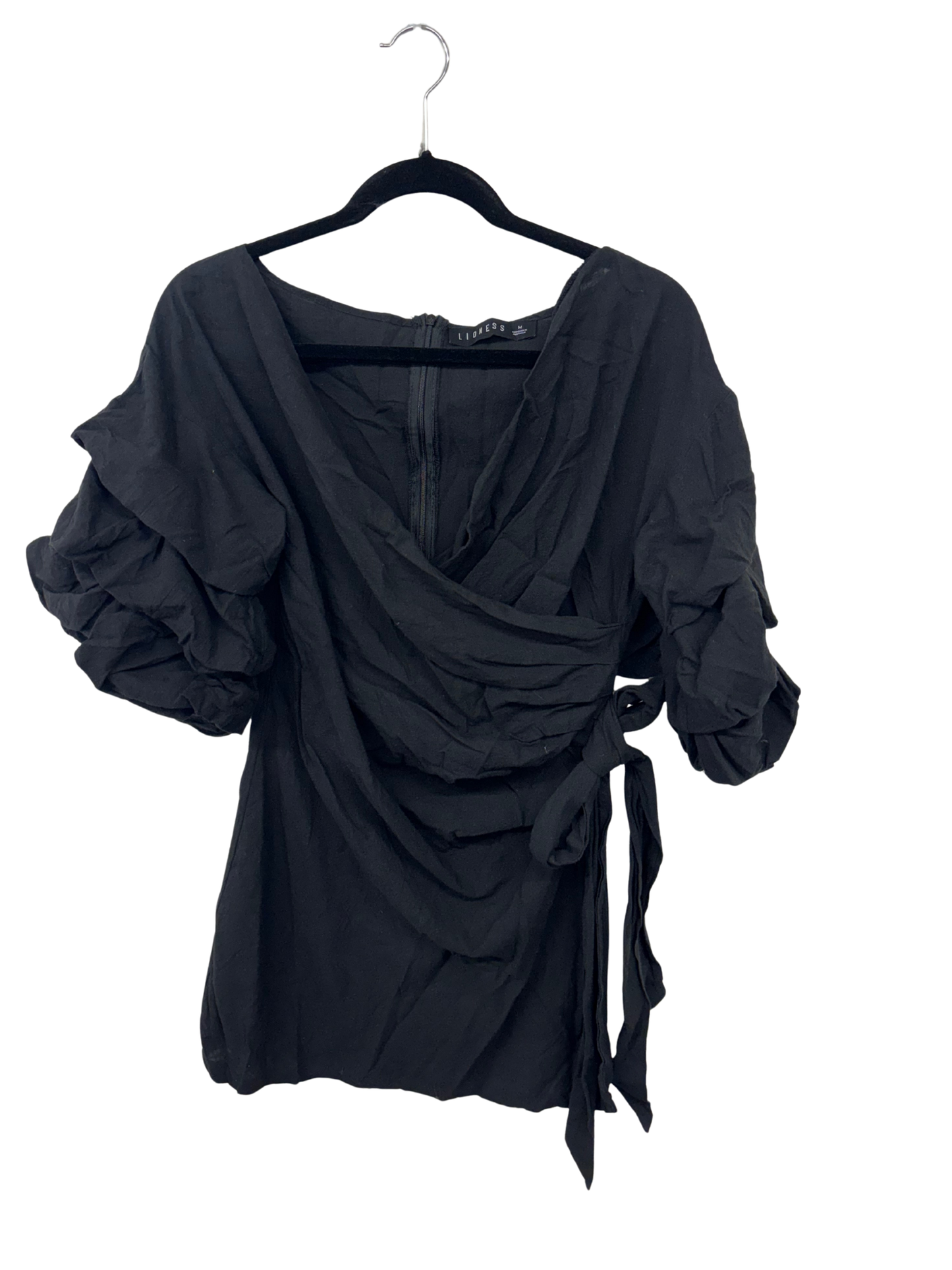 Black Faux Wrap Ruched Sleeve Short Dress