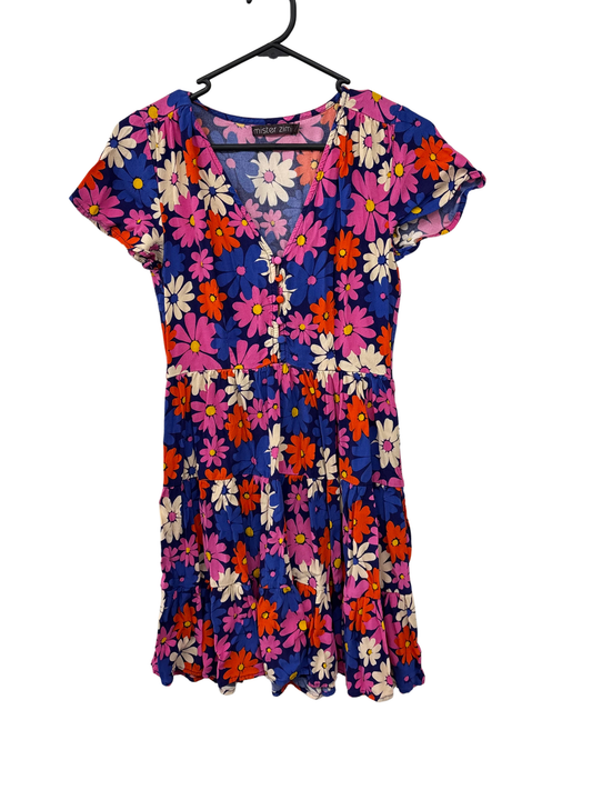 Blue, Pink, Red Short Sleeve Tiered Short Dress