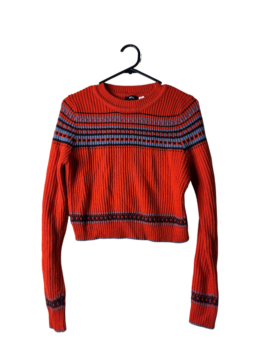 Red & Blue Pattern Long Sleeve Cropped Jumper