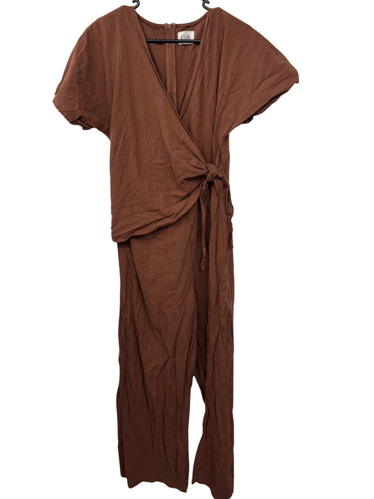 Dark Brown Short Sleeve Wrap Jumpsuit