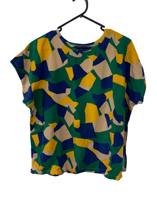 Green, Blue, Yellow Print Short Sleeve Top