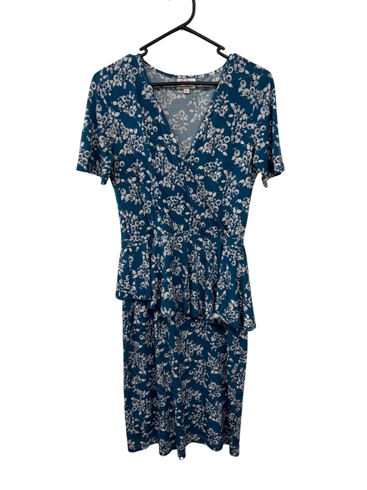 Blue & White Floral Pattern Short Sleeve Peplum Midi Dress