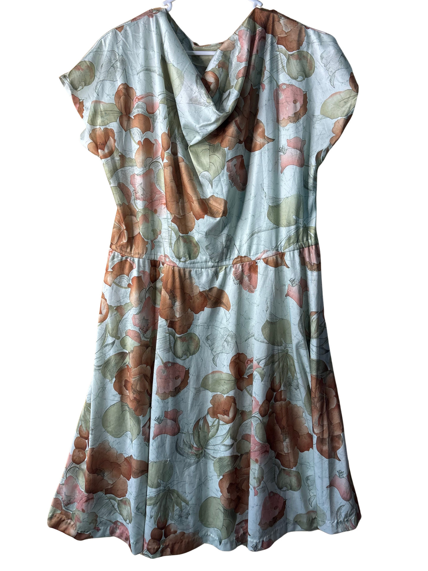 Vintage Green & Brown Floral Short Sleeve Cowl Neck Midi Dress