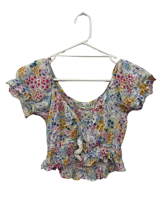White & Multicolour Floral Print Short Puffy Sleeve Crop Top