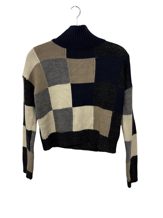 Grey, White, Blue Check Turtleneck Knit Jumper