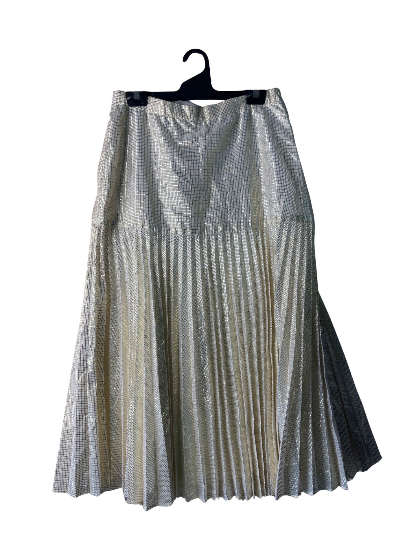 Vintage Cream & Gold Check Pleated Midi Skirt