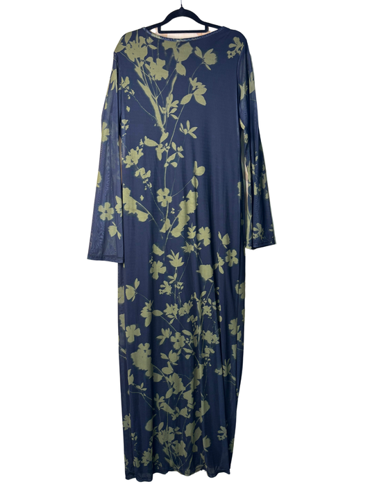 Black & Green Floral Print Mesh Long Sleeve Low Back Maxi Dress