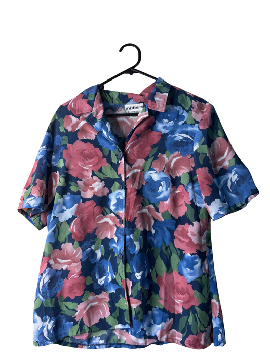 Vintage Blue, Pink, Green Floral Print Short Sleeve Button Up Shirt