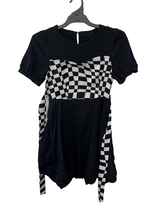 Black Short Sleeve Bubble Hem Dress with White Check Panel