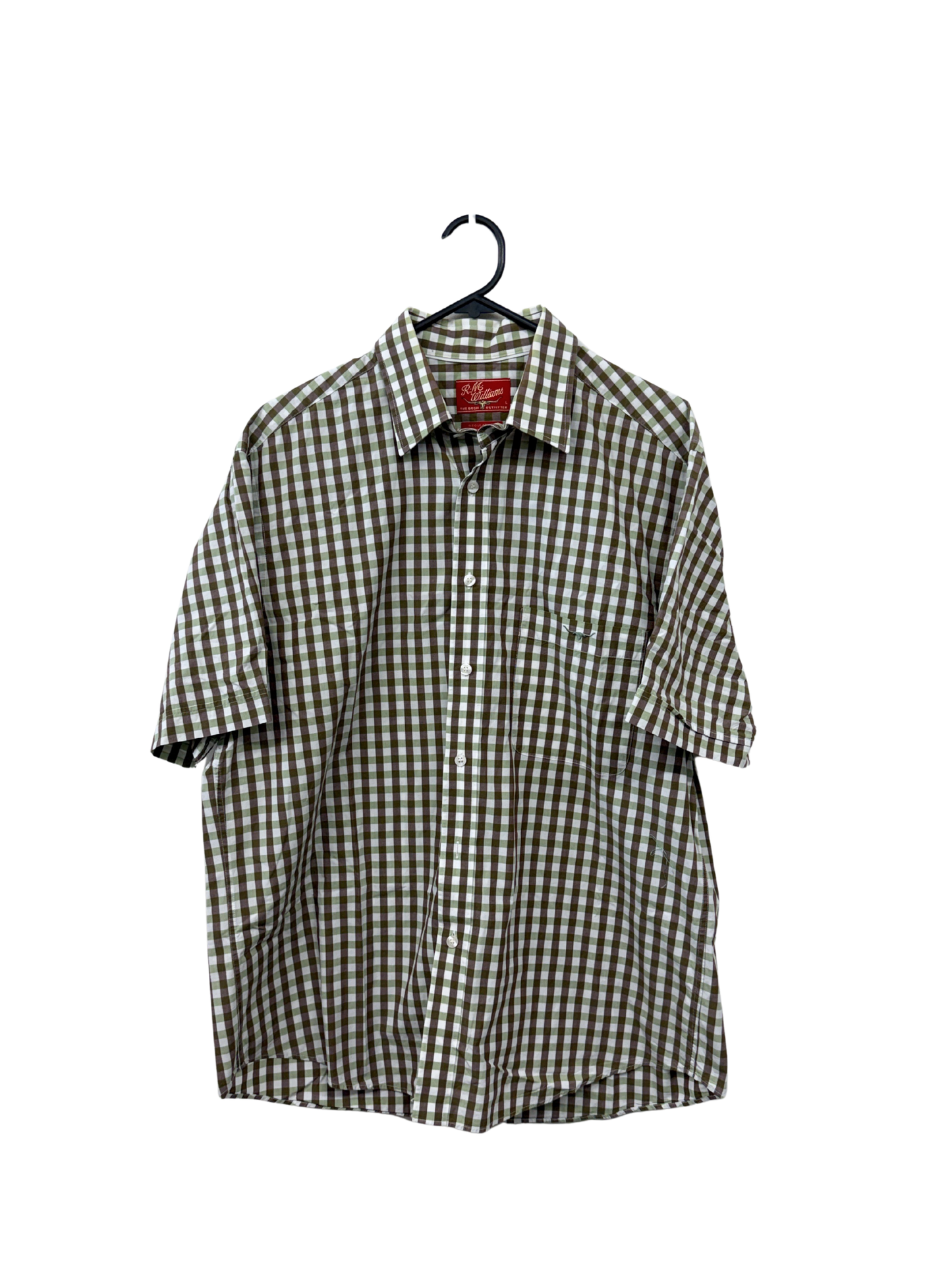 Green, Brown & White Gingham Short Sleeve Button Up Shirt