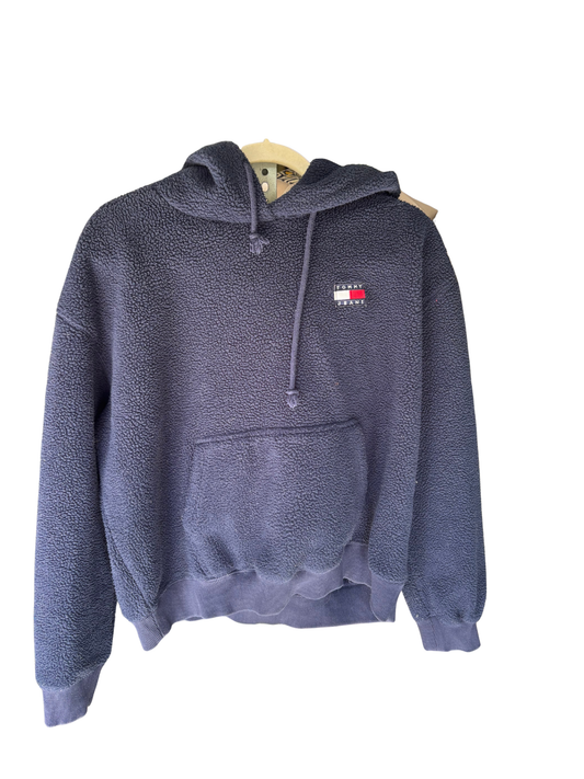 Dark Blue Fuzzy Hoodie with Embroidered Logo