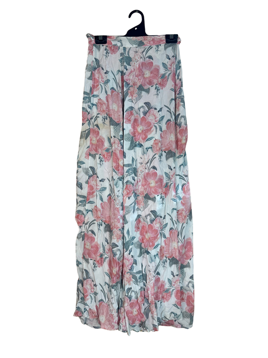 White, Pink, Green Rose Print Wrap Maxi Skirt