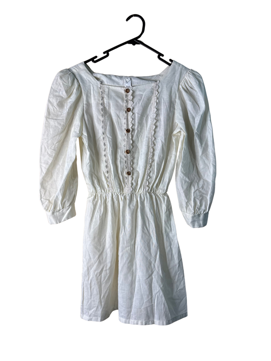Vintage Cream Semi-Sheer Long Sleeve Dress with Buttons & Lace