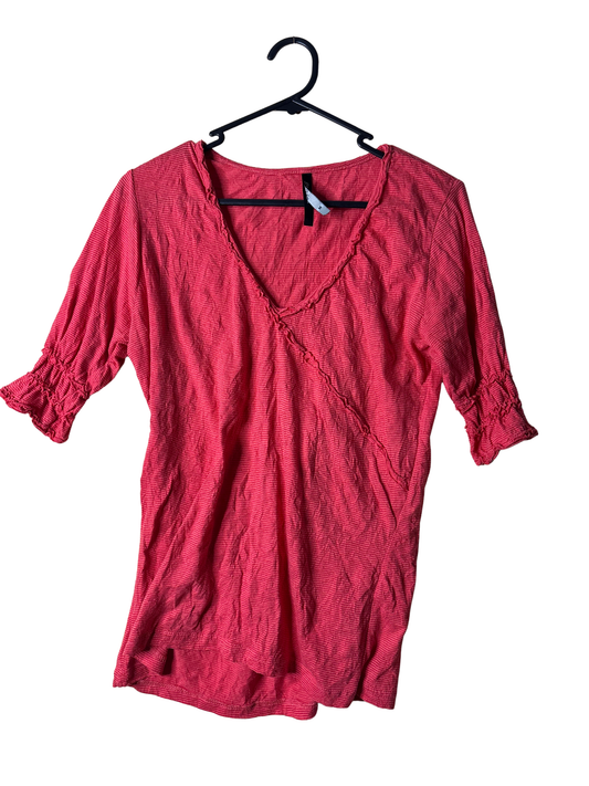 Pink & Red Stripe 3/4 Sleeve V Neck Top